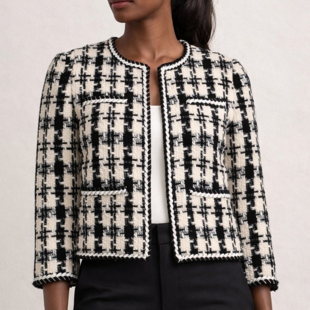 Evafreedom Womens Black White Plaid Tweed Jacket Braided Trim Blazer Size M NWT